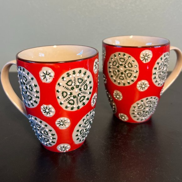Pair of CHEHOMA Bohemian Ceramic Mugs w/ Embossed Raised Dot Designs - Picture 1 of 9